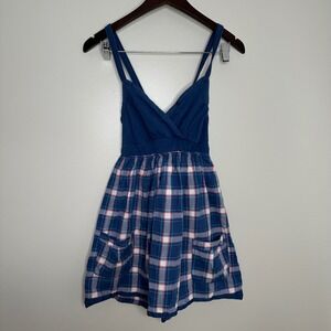 Abercrombie Fitch Women's Blue Plaid Crossover Bodice Mini Dress With Pockets L